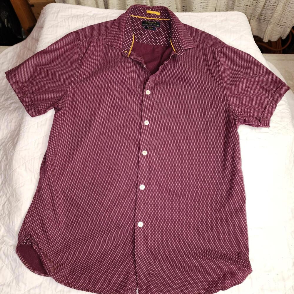 Denim & Flower Ricky Singh Burgundy Poka dot Slim Fit Muscle Shirt Sz L Untucked